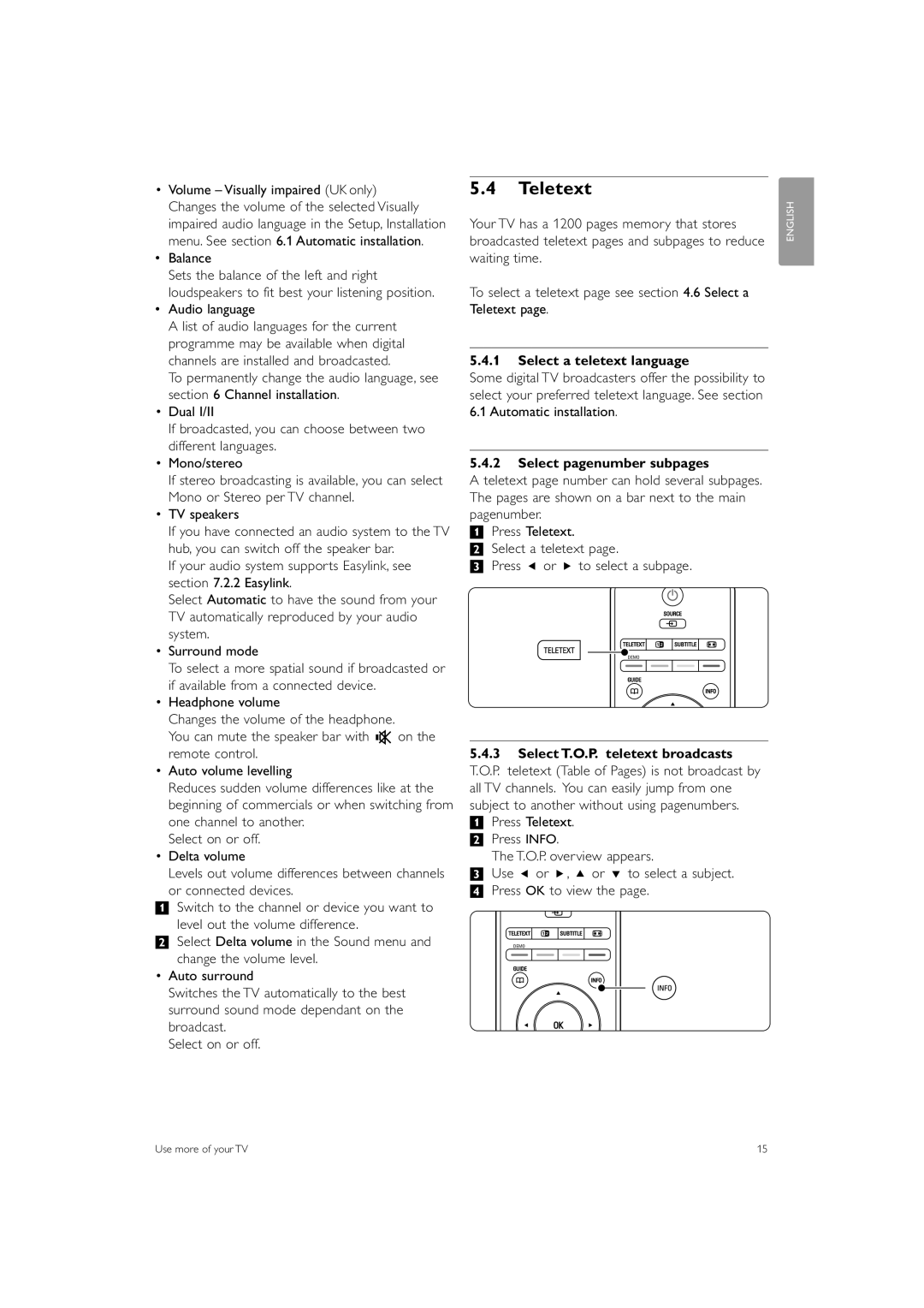 Philips 42PES0001D/H manual Teletext, Balance, Audio language, Select a teletext language, Select pagenumber subpages 