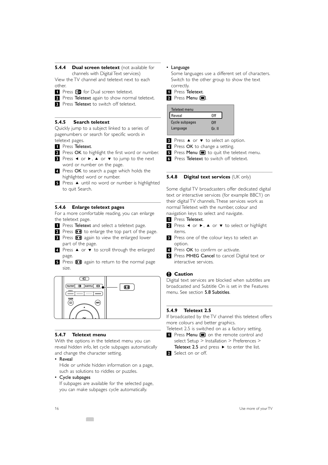 Philips 42PES0001D/H manual Dual screen teletext not available for, Search teletext, Enlarge teletext pages, Teletext menu 