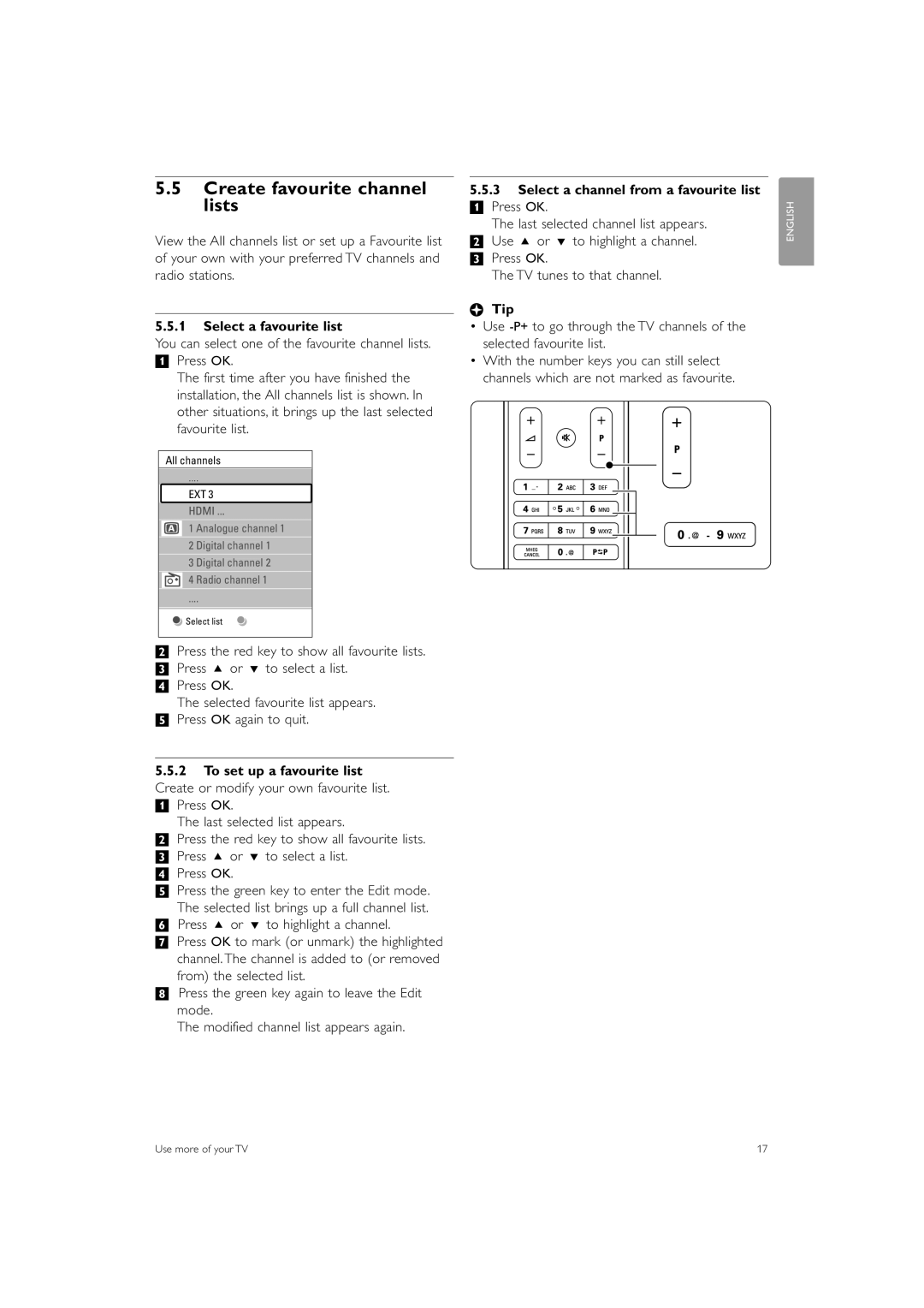 Philips 42PES0001D/H manual Create favourite channel lists, Select a favourite list, Press o or œ to highlight a channel 