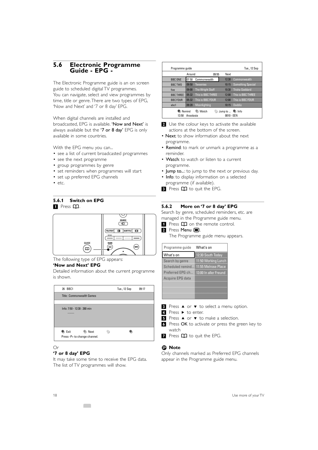 Philips 42PES0001D/H manual Electronic Programme Guide EPG, Switch on EPG, ‘Now and Next’ EPG, ‘7 or 8 day’ EPG 