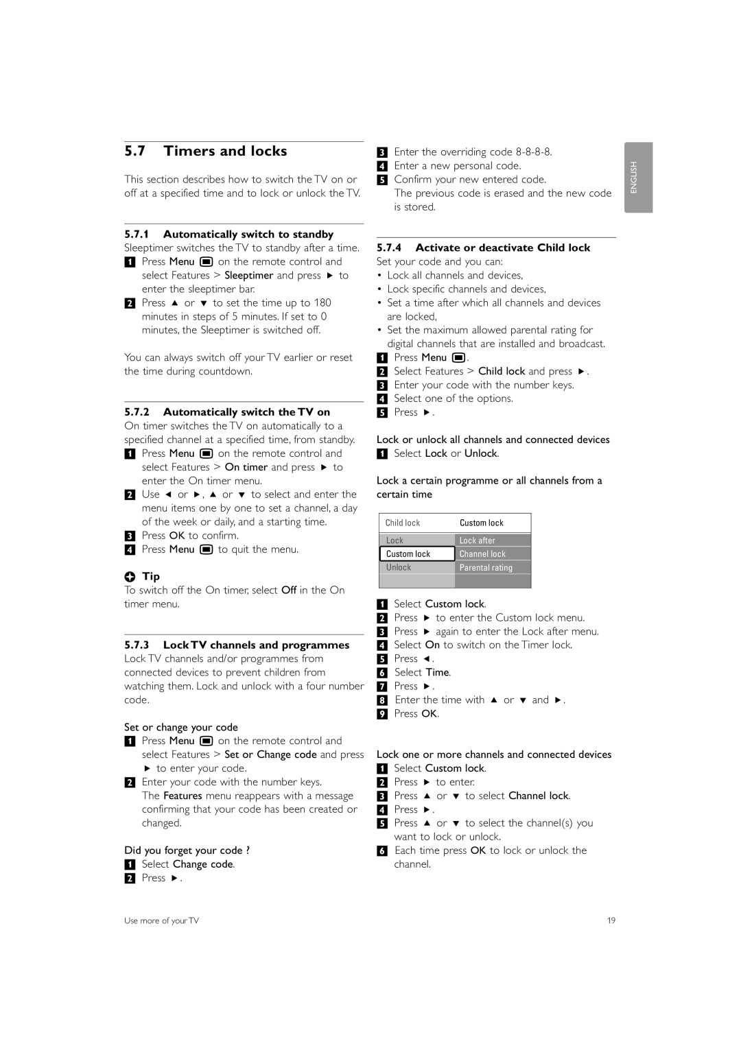 Philips 42PES0001D/H manual Timers and locks, ÒPress OK to confirm † Press Menu Ï to quit the menu, ‡ Select Custom lock 