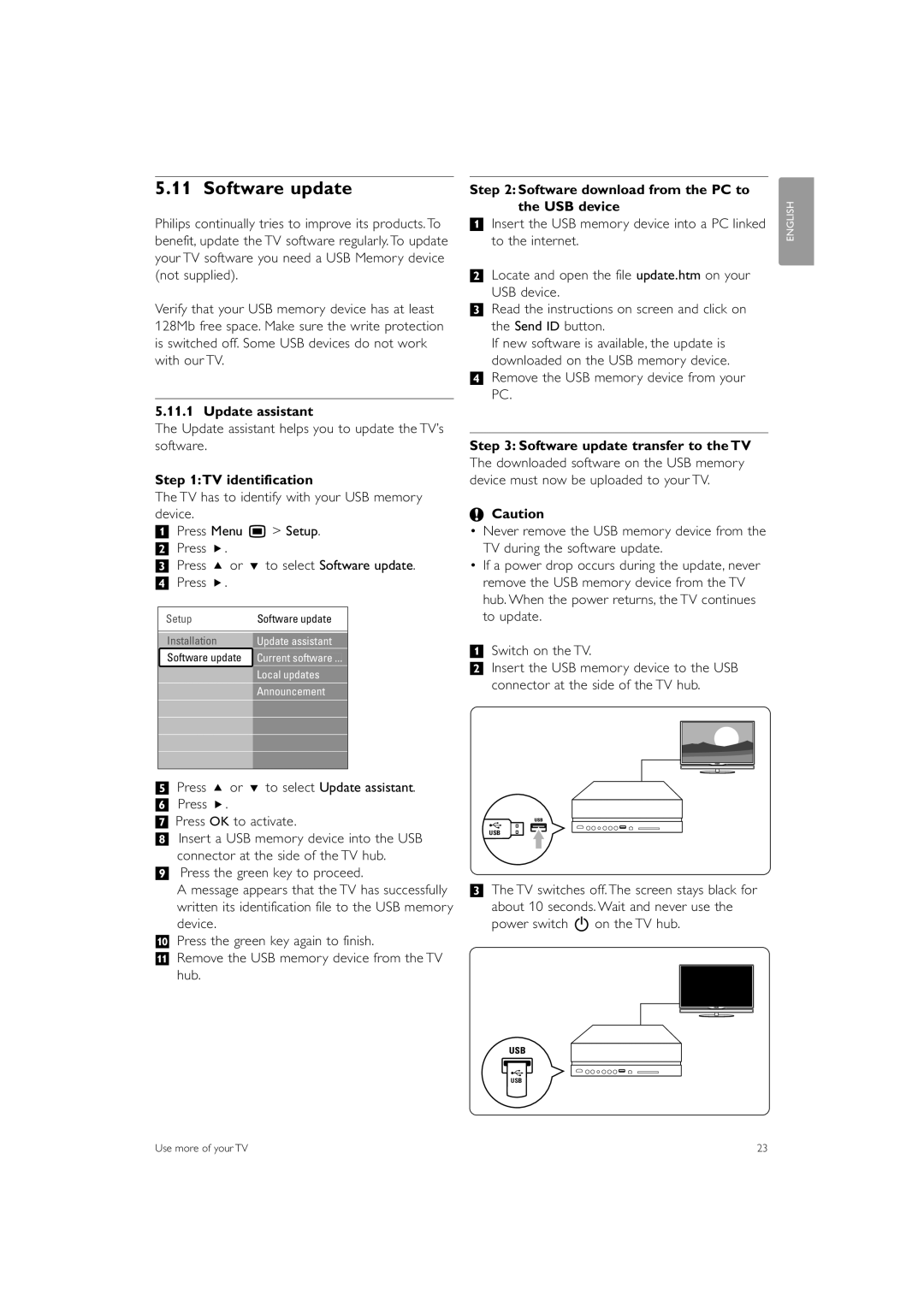 Philips 42PES0001D/H Software update, Update assistant, TV identification, Software download from the PC to the USB device 