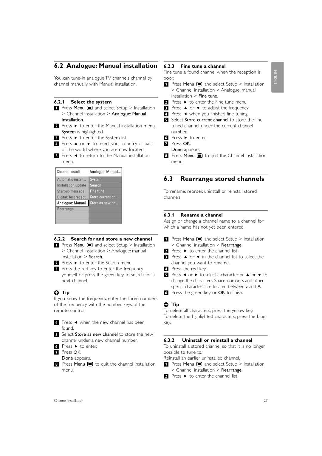 Philips 42PES0001D/H manual Analogue Manual installation, Rearrange stored channels 