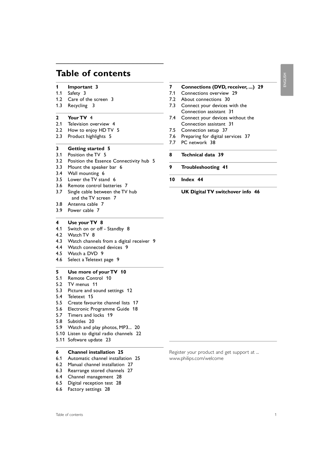 Philips 42PES0001D/H manual Table of contents 