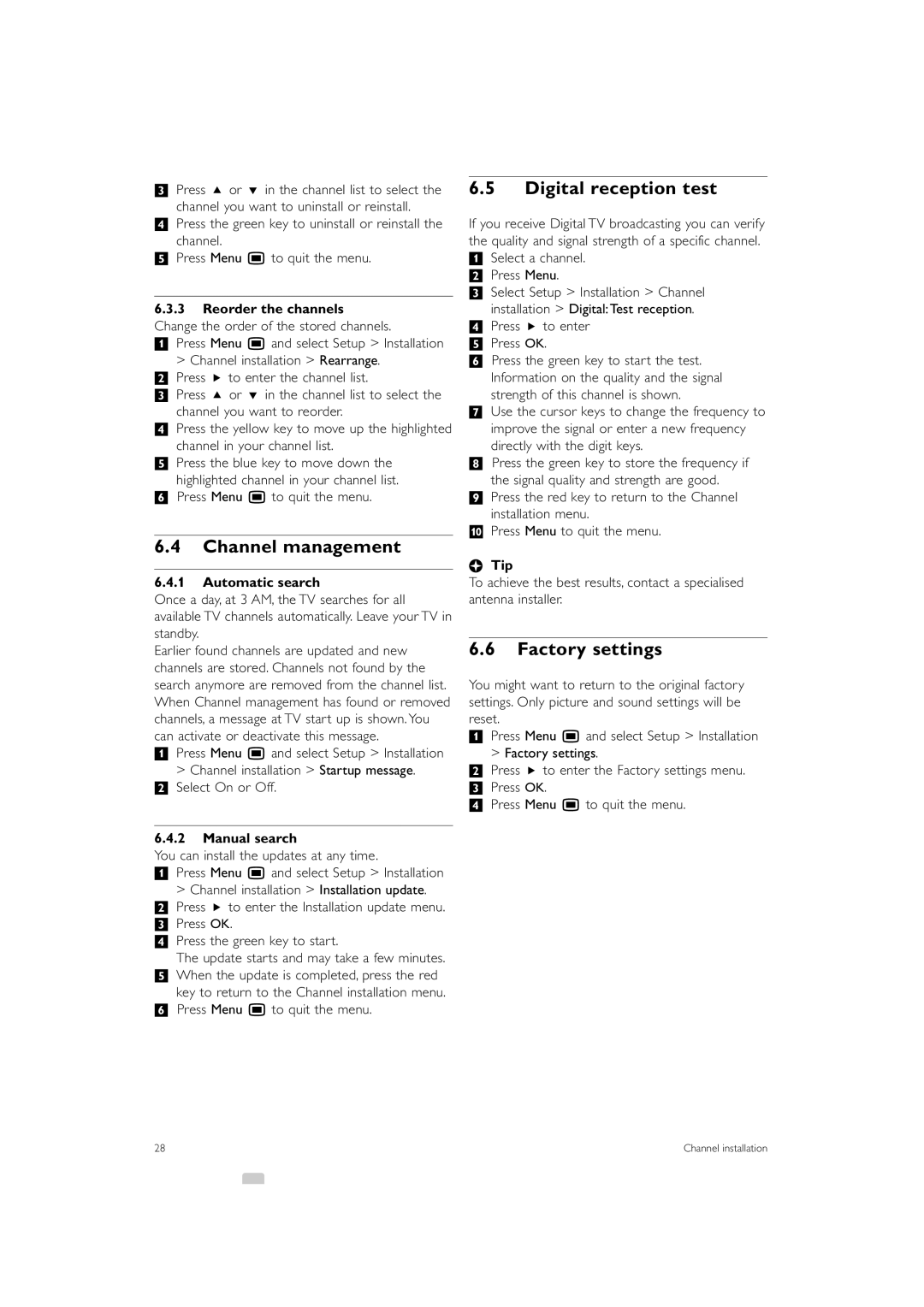 Philips 42PES0001D/H manual Channel management, Digital reception test, Factory settings 