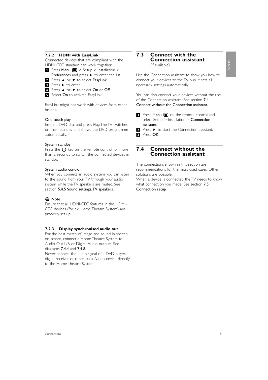 Philips 42PES0001D/H manual Connect with Connection assistant, Connect without the Connection assistant, Hdmi with EasyLink 