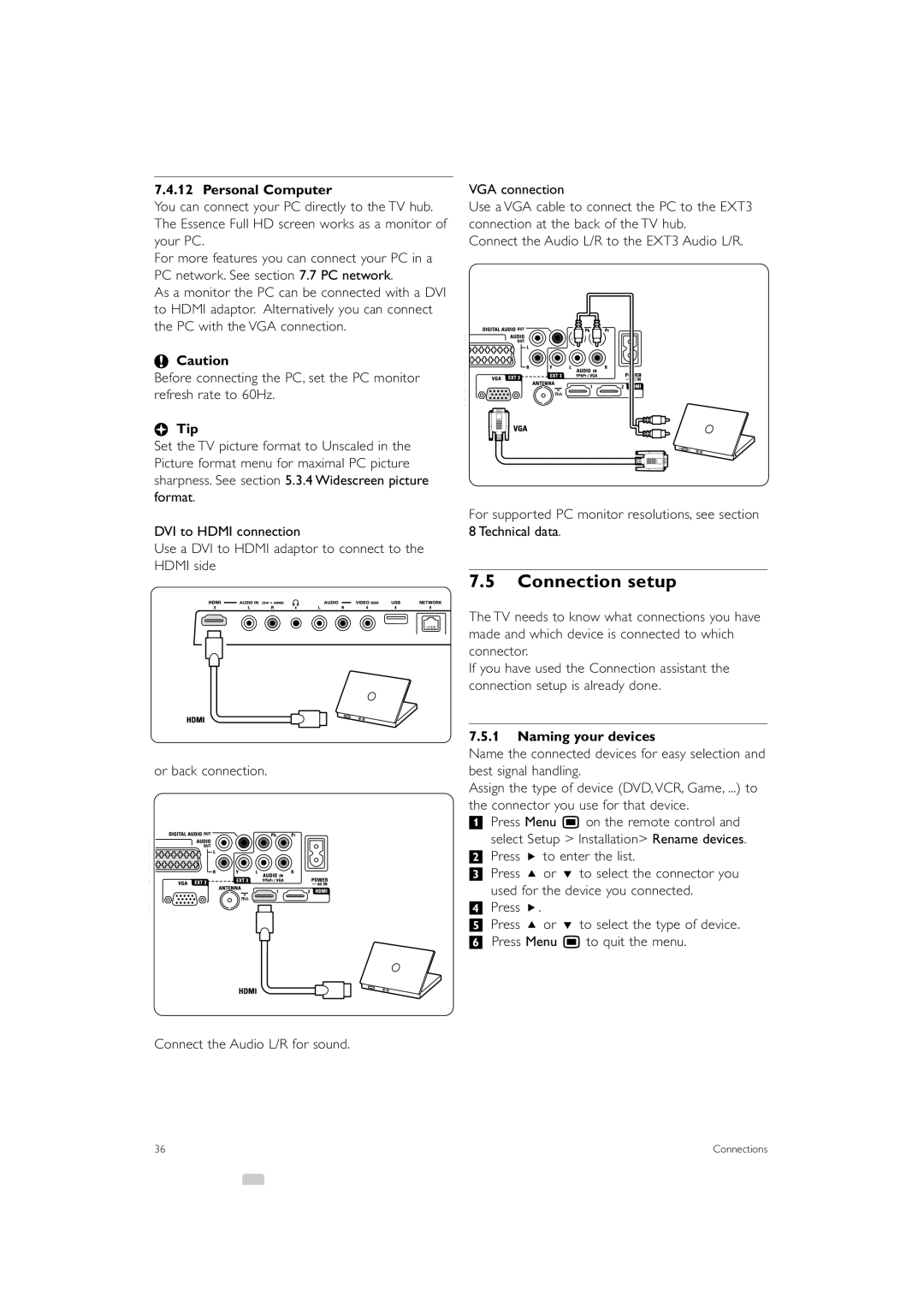 Philips 42PES0001D/H manual Connection setup, Personal Computer, Naming your devices 