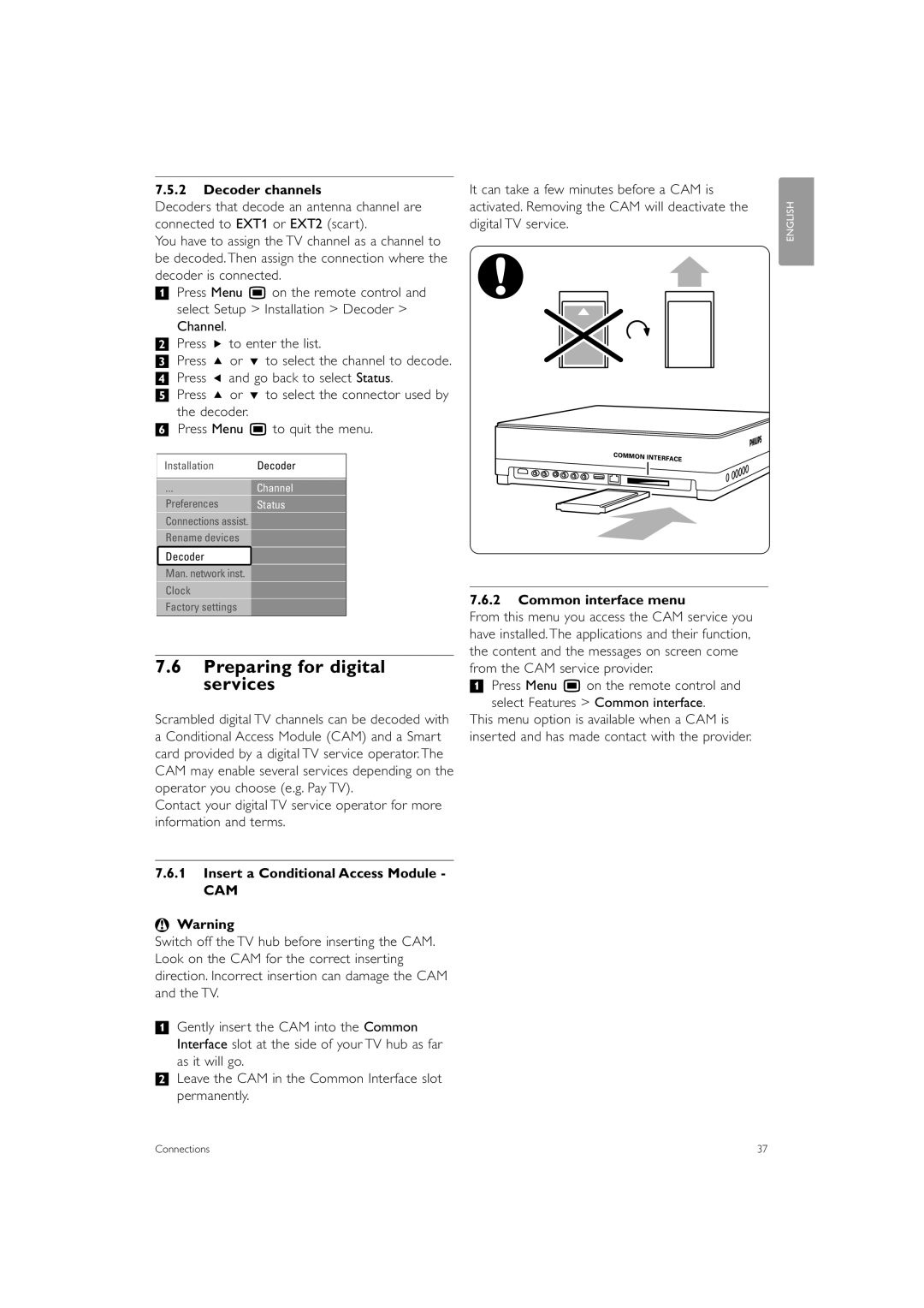 Philips 42PES0001D/H manual Preparing for digital services, Decoder channels, Insert a Conditional Access Module, Channel 