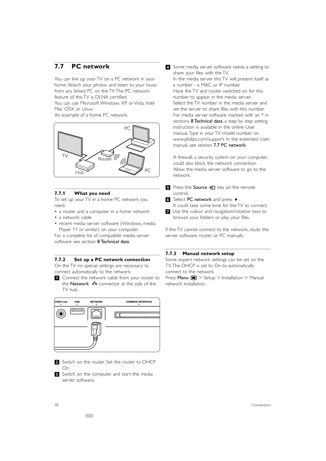 Philips 42PES0001D/H manual PC network, What you need, Manual network setup 