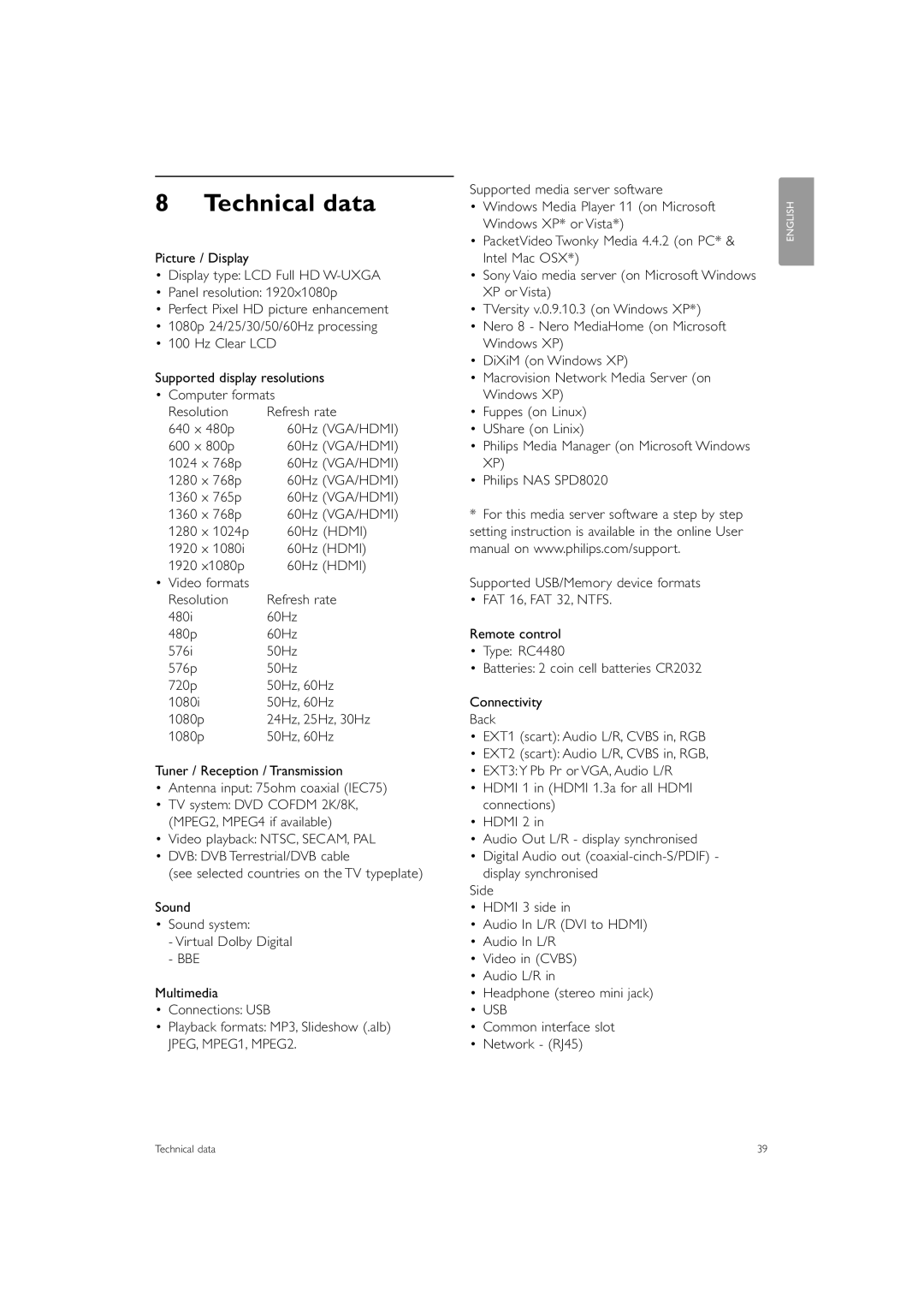 Philips 42PES0001D/H manual Technical data, Common interface slot Network RJ45 