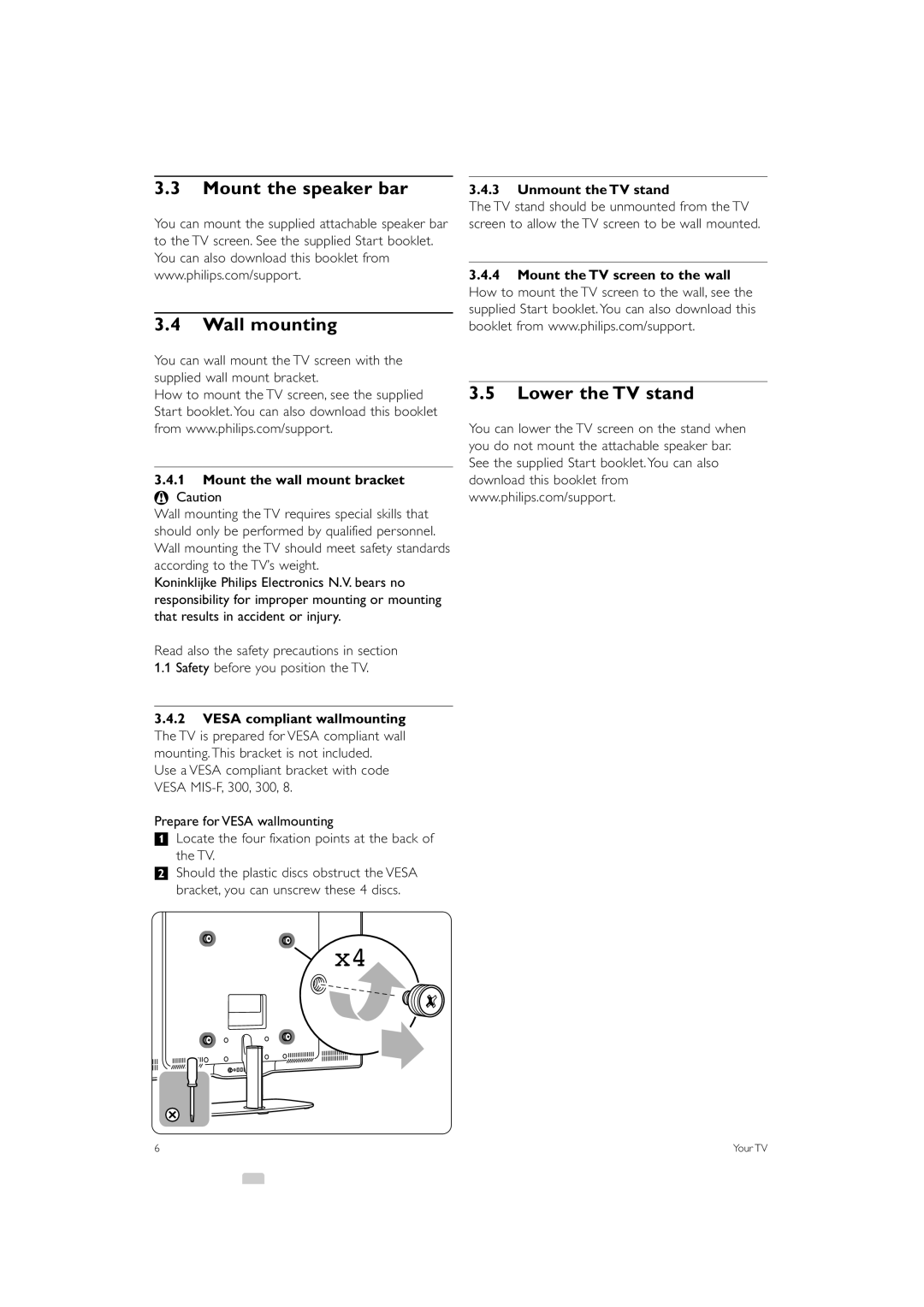 Philips 42PES0001D/H manual Mount the speaker bar Wall mounting, Lower the TV stand, Mount the wall mount bracket 