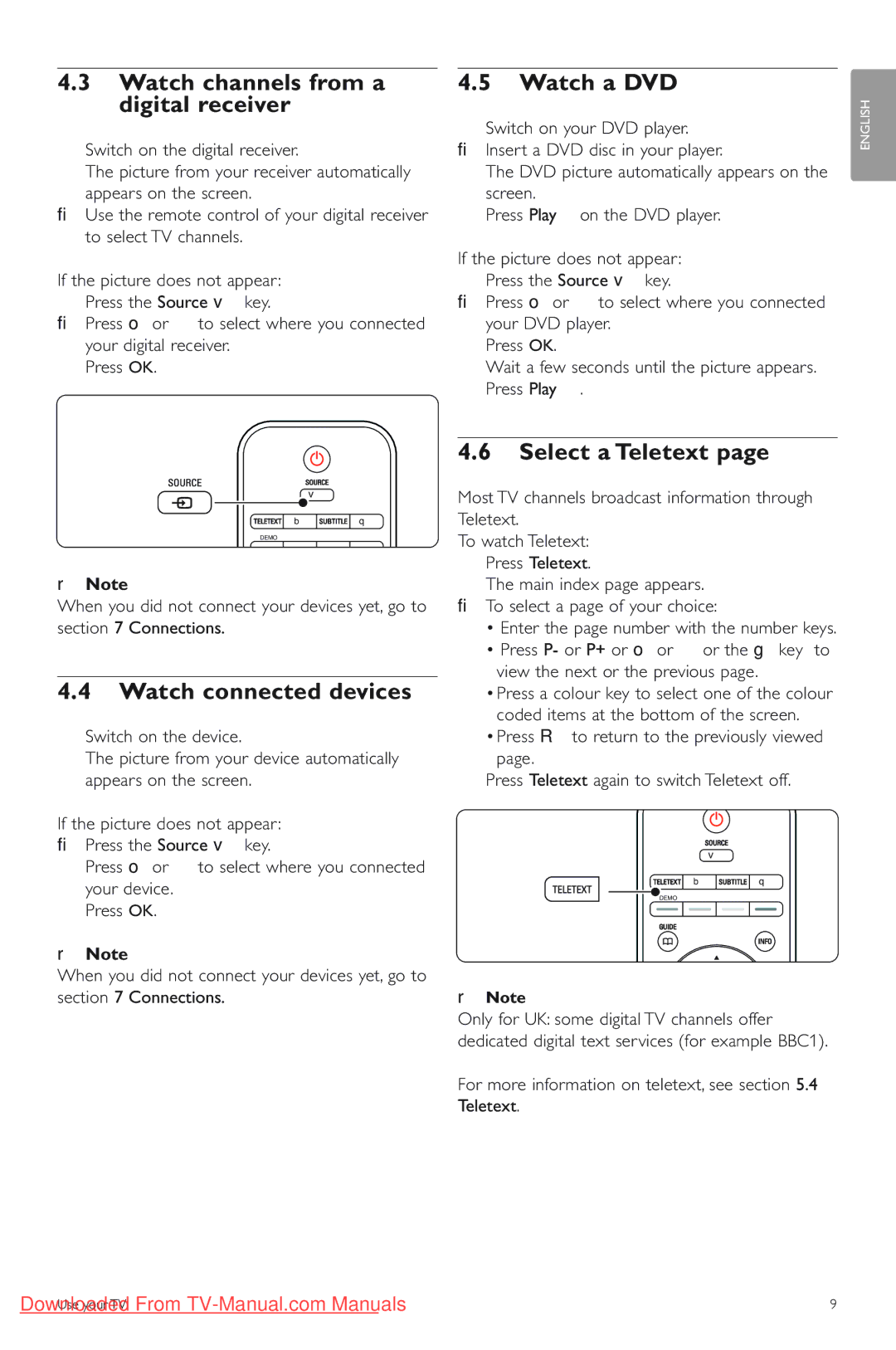 Philips 42PES0001D/H manual Watch channels from a digital receiver, Watch a DVD, Watch connected devices, Select a Teletext 