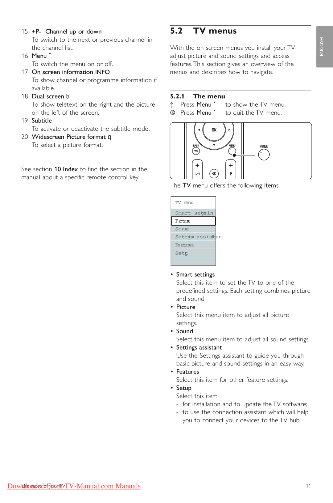 Philips 42PES0001D/H manual TV menus, Menu, Settings assistant 