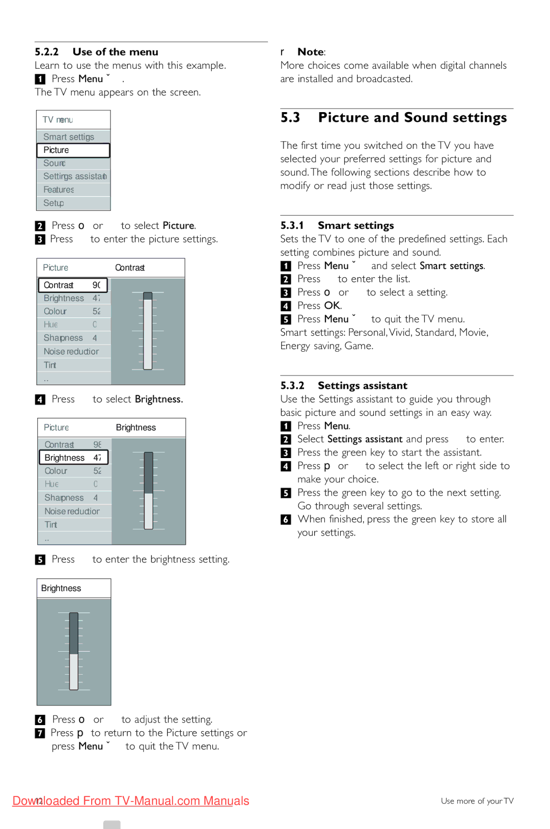 Philips 42PES0001D/H manual Picture and Sound settings, Use of the menu, Smart settings, Settings assistant 