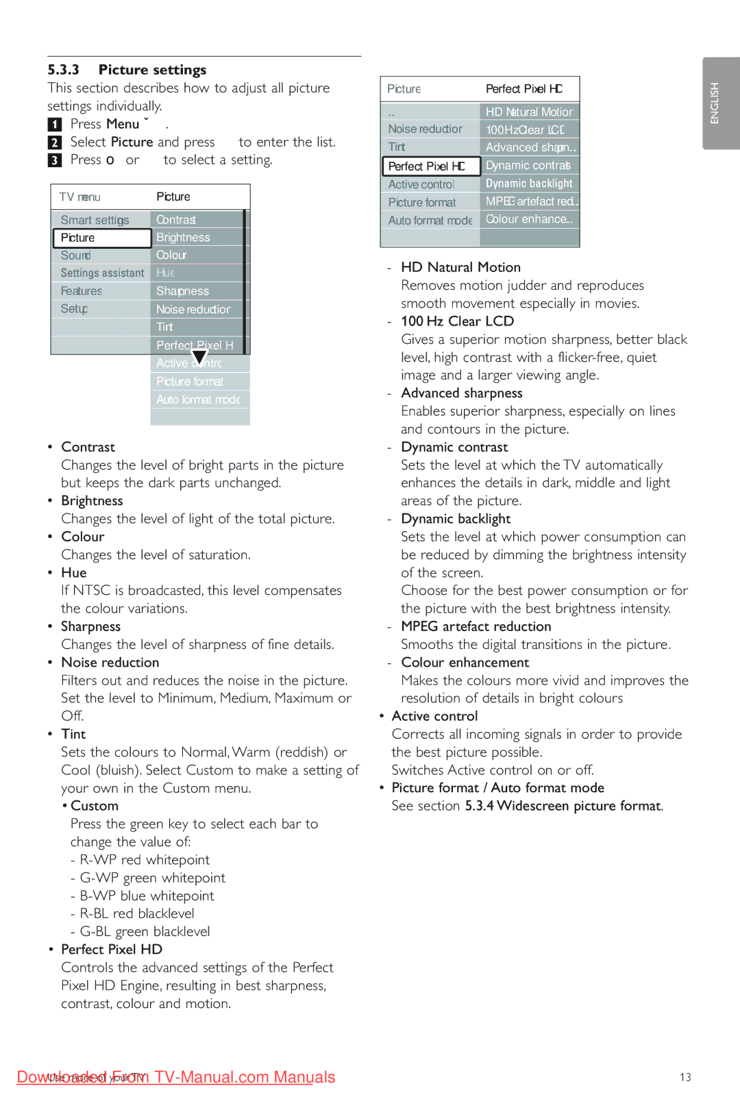 Philips 42PES0001D/H manual Picture settings, Contrast, HD Natural Motion, Perfect Pixel HD 