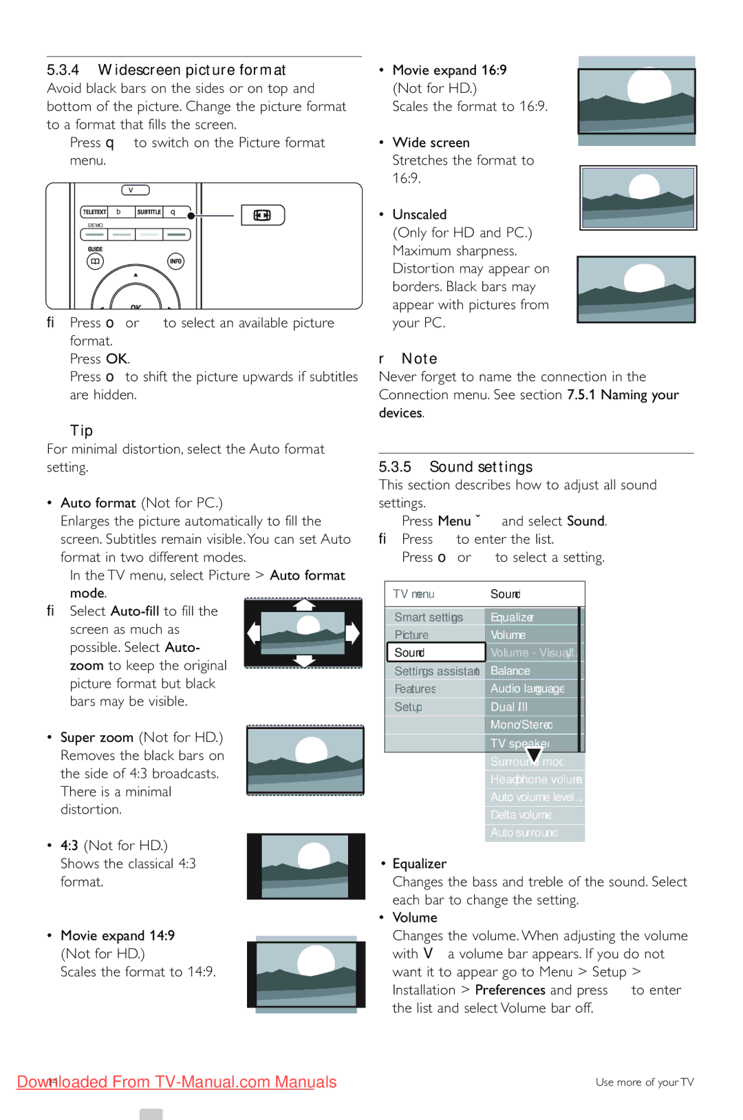 Philips 42PES0001D/H manual ‡ Press q to switch on the Picture format menu, Tip, Sound settings 