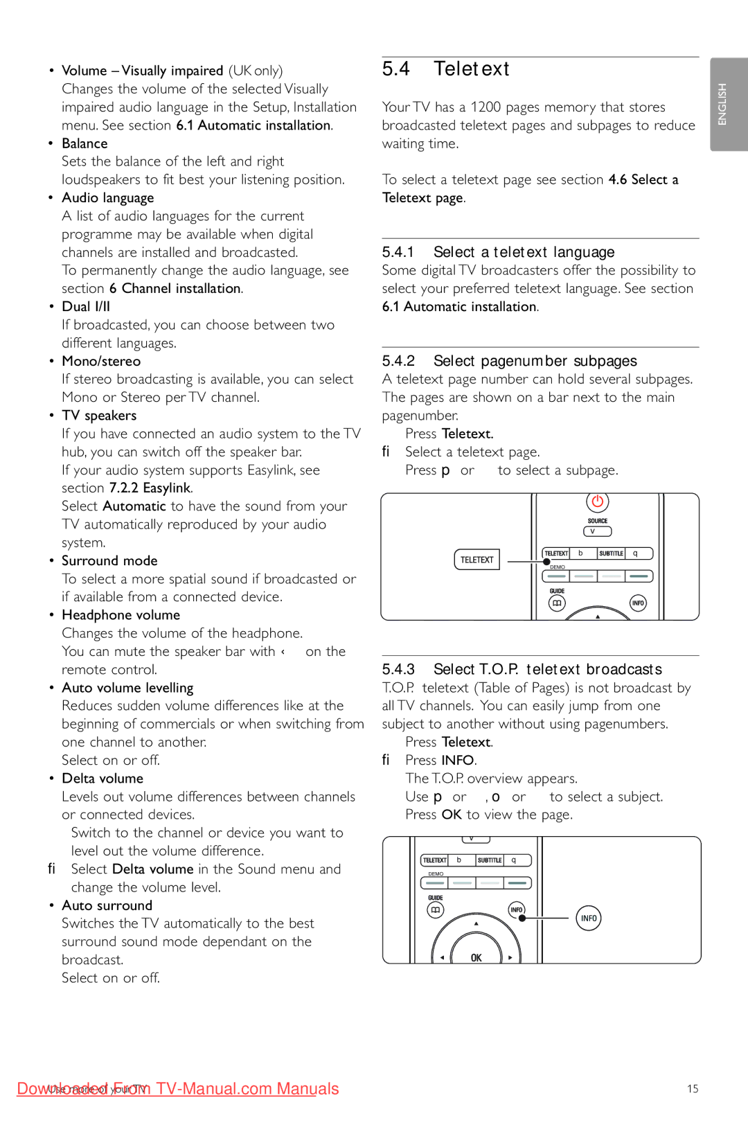 Philips 42PES0001D/H manual Teletext, Balance, Audio language, Select a teletext language, Select pagenumber subpages 