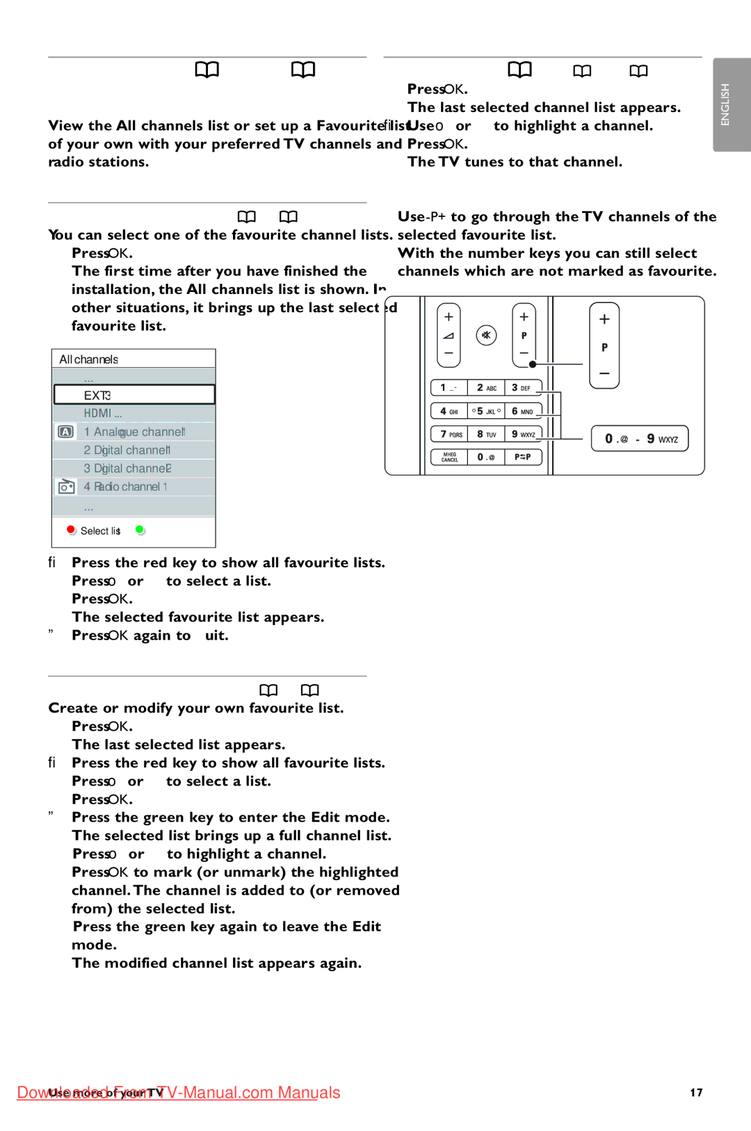 Philips 42PES0001D/H manual Create favourite channel lists, Select a favourite list, Press o or œ to highlight a channel 