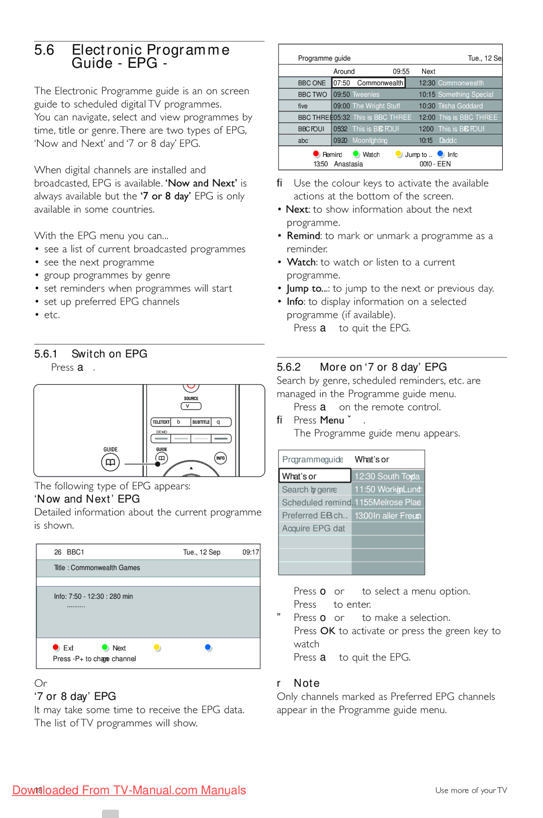 Philips 42PES0001D/H manual Electronic Programme Guide EPG, Switch on EPG, ‘Now and Next’ EPG, ‘7 or 8 day’ EPG 