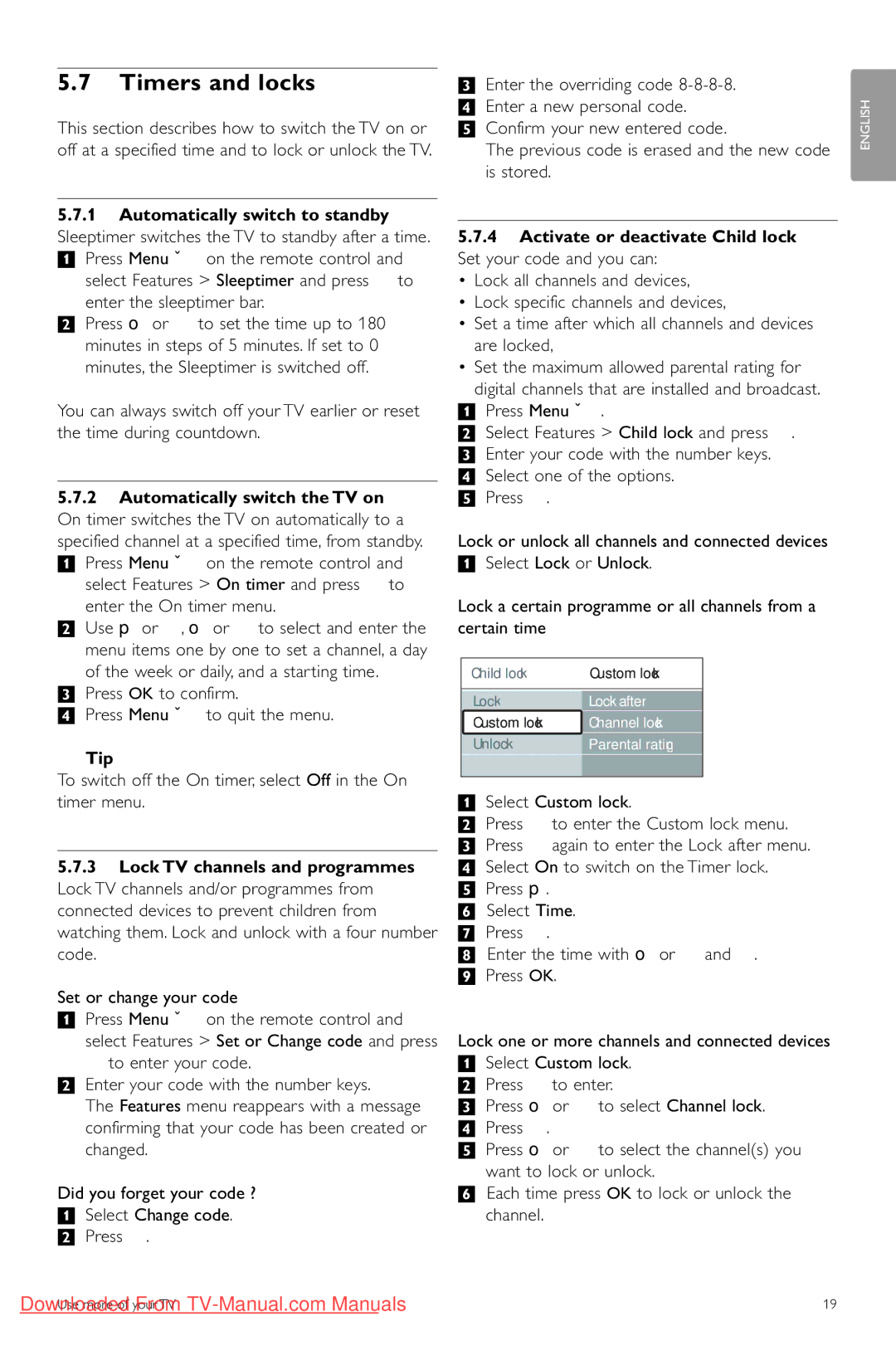 Philips 42PES0001D/H manual Timers and locks, ÒPress OK to confirm † Press Menu Ï to quit the menu, ‡ Select Custom lock 