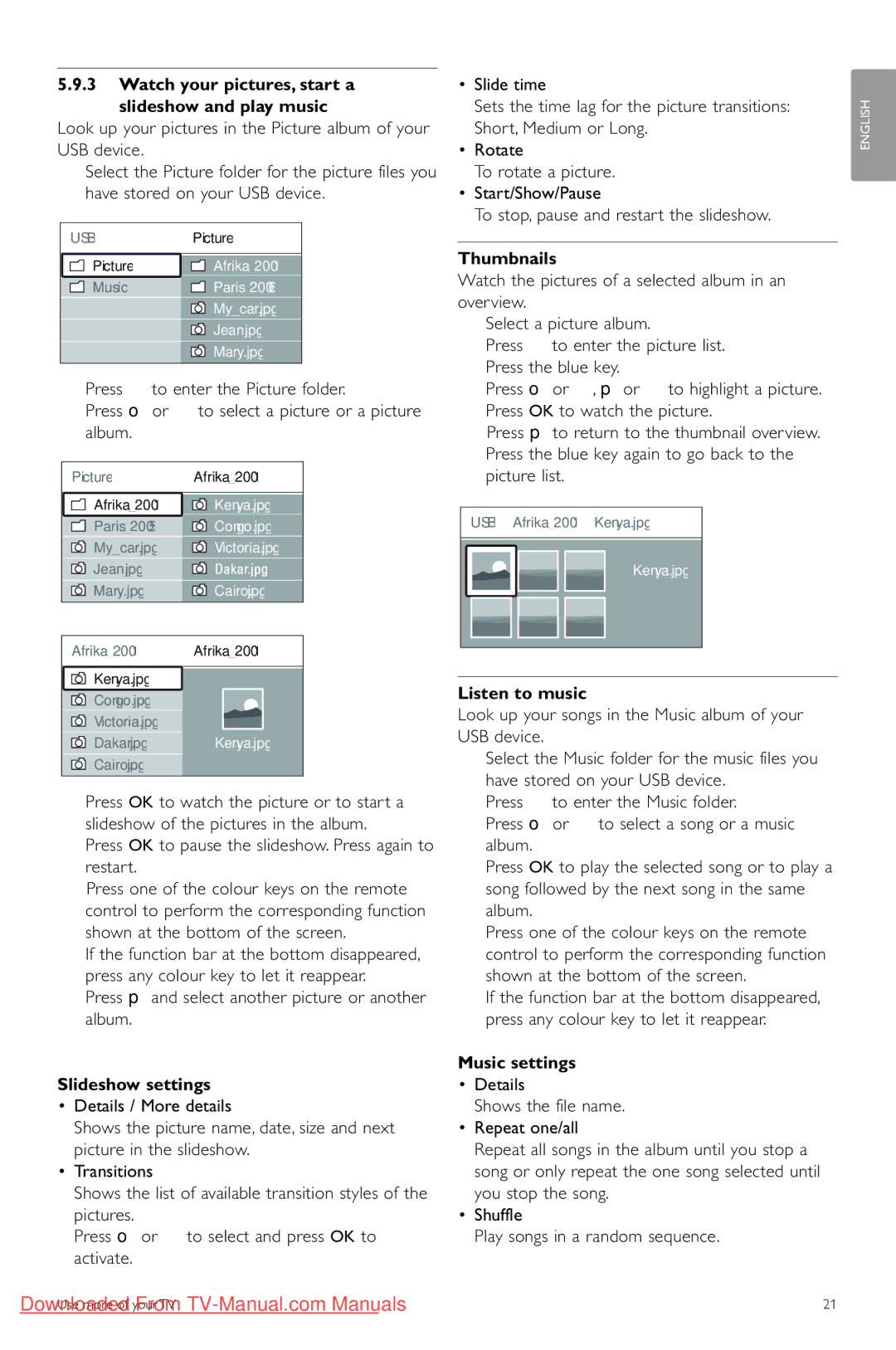 Philips 42PES0001D/H Watch your pictures, start a Slideshow and play music, Slideshow settings, Thumbnails, Music settings 