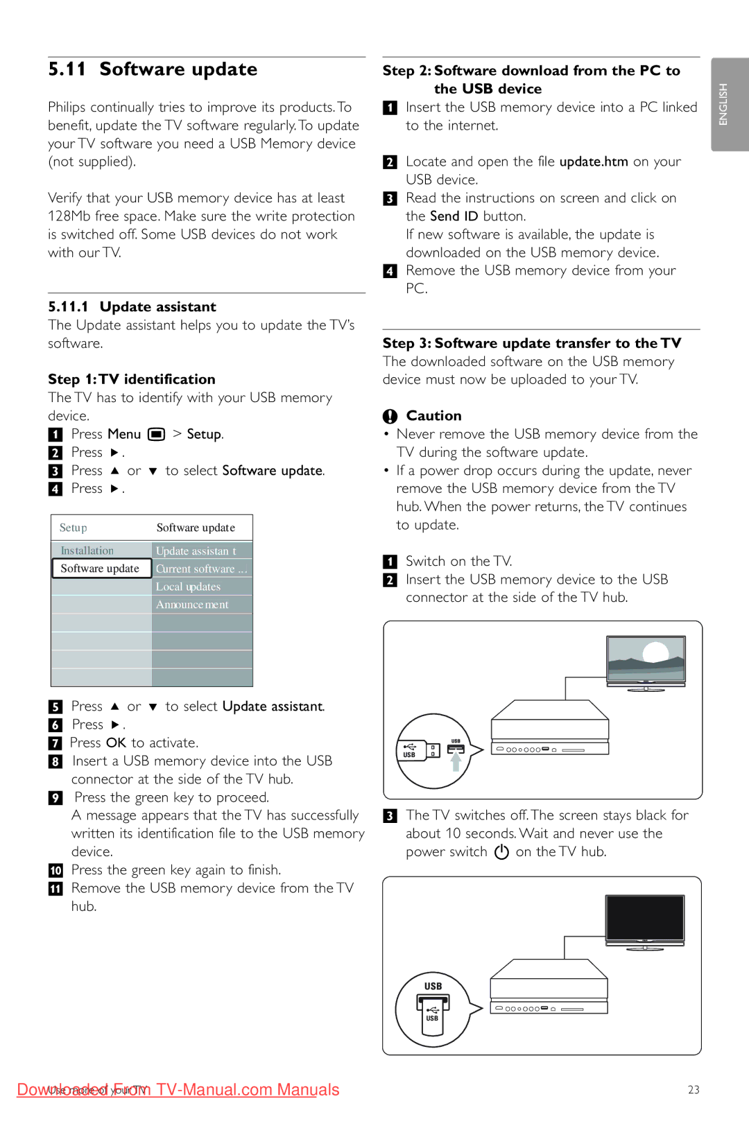 Philips 42PES0001D/H Software update, Update assistant, TV identification, Software download from the PC to the USB device 