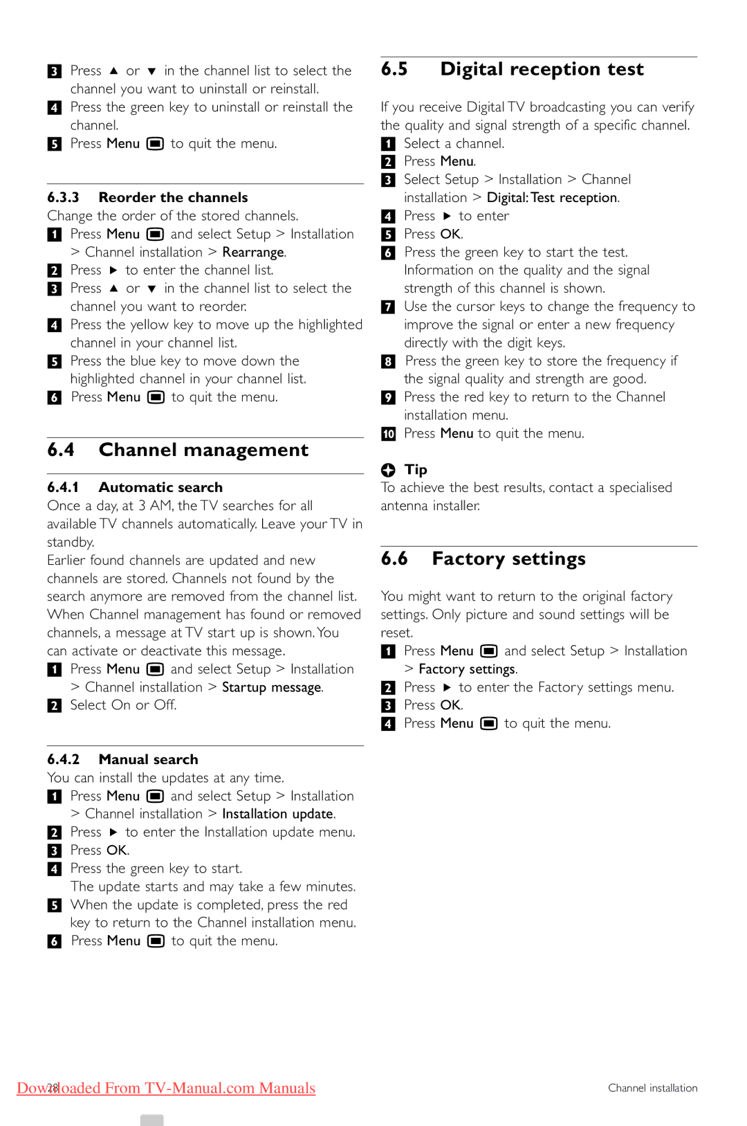 Philips 42PES0001D/H manual Channel management, Digital reception test, Factory settings 