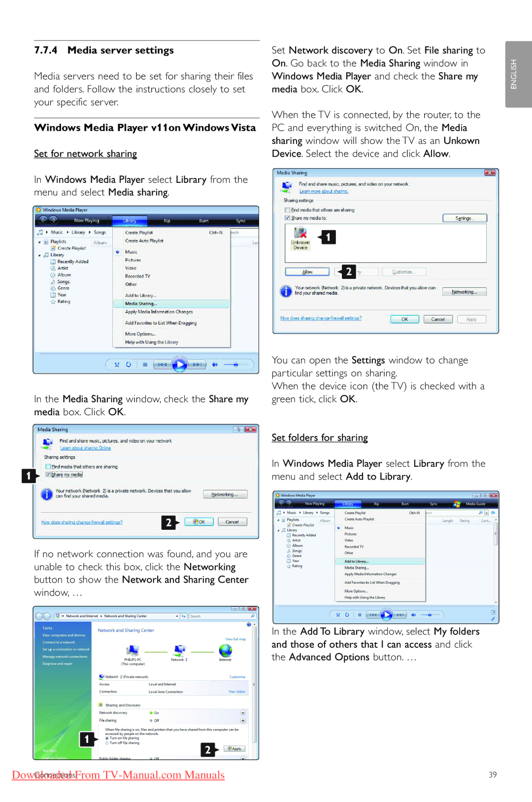 Philips 42PES0001D/H manual Media server settings, Windows Media Player v11on Windows Vista 