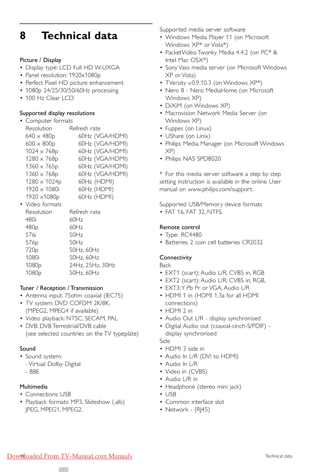 Philips 42PES0001D/H manual Technical data, Common interface slot Network RJ45 