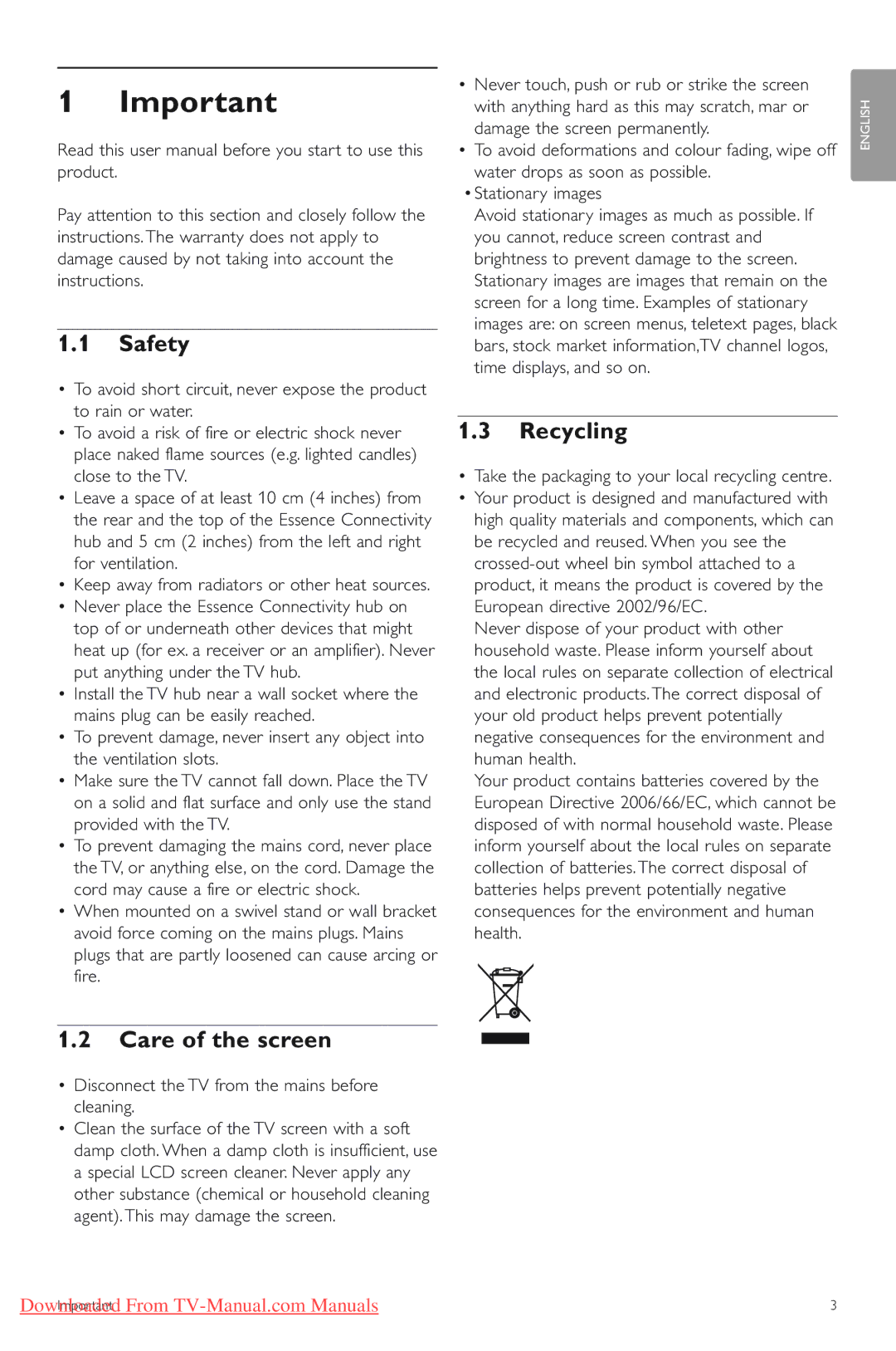 Philips 42PES0001D/H manual Safety, Recycling, Care of the screen, Disconnect the TV from the mains before cleaning 