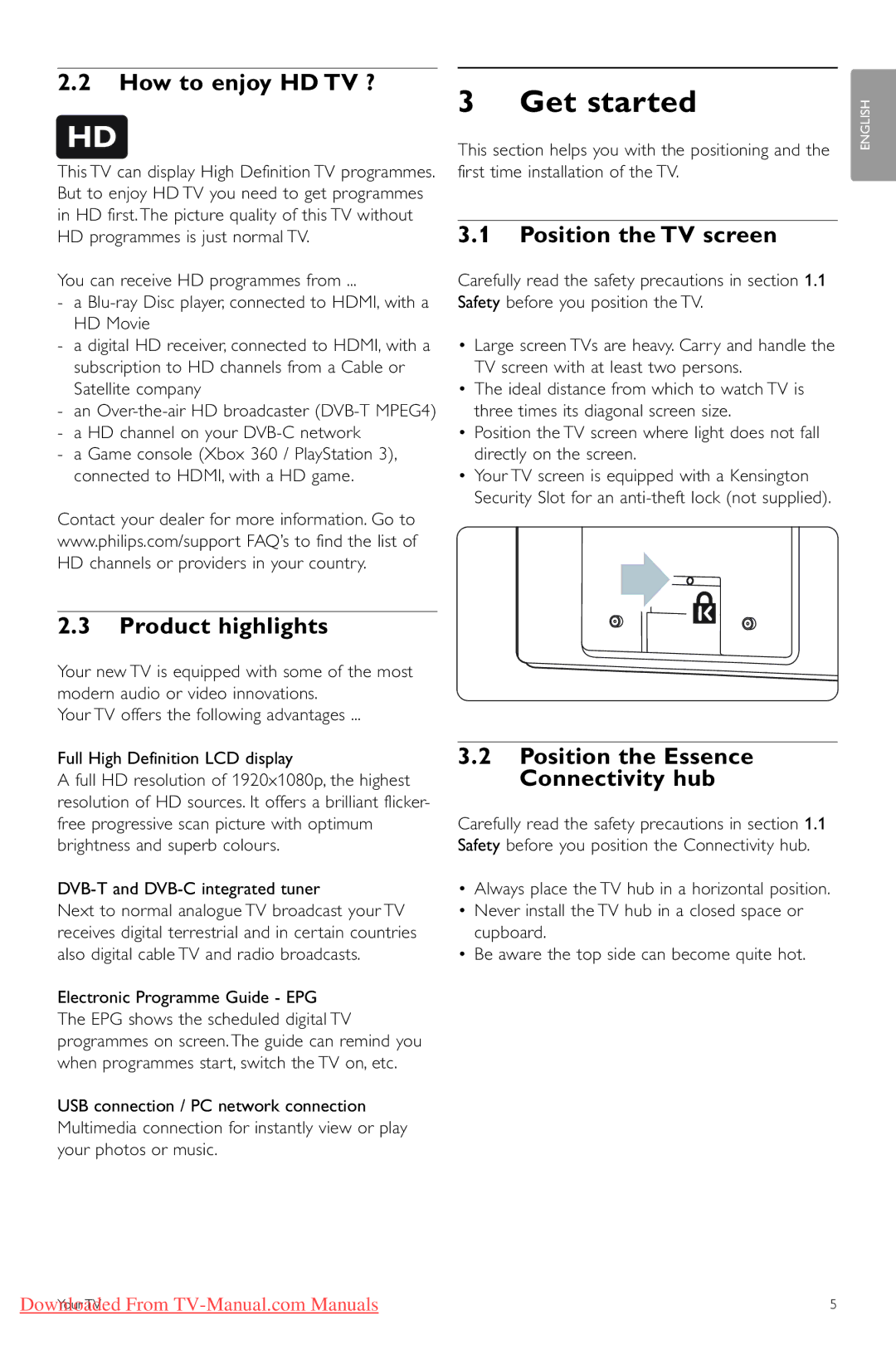 Philips 42PES0001D/H manual Get started, How to enjoy HD TV ?, Position the TV screen, Product highlights 