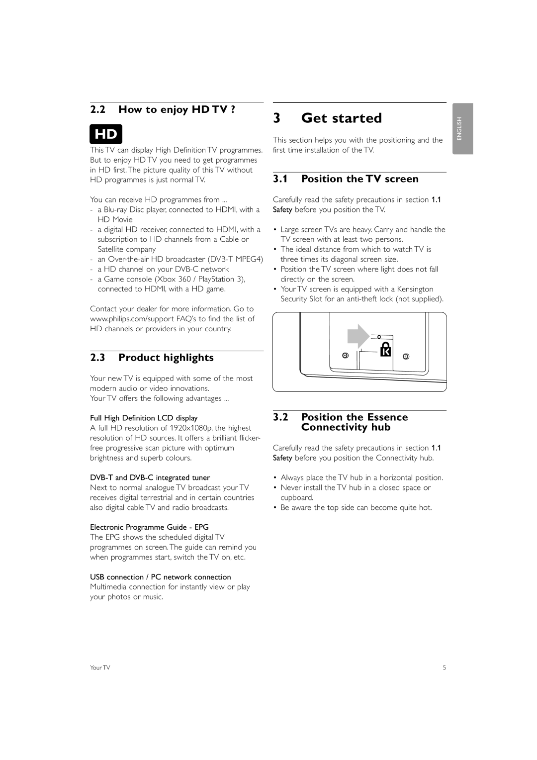Philips 42PES0001D/H manual Get started, How to enjoy HD TV ?, Product highlights, Position the TV screen 