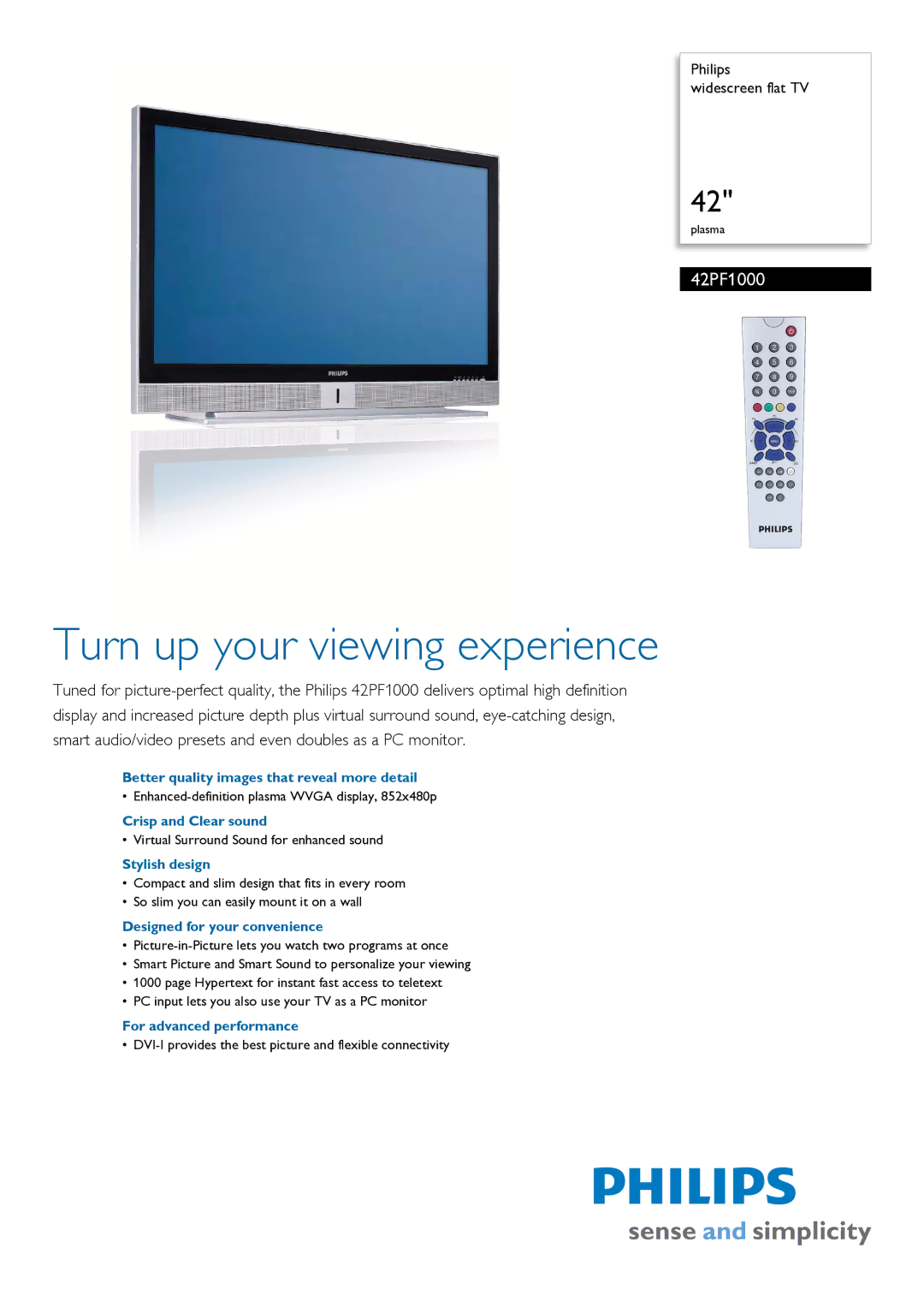Philips 42PF1000 manual Better quality images that reveal more detail, Crisp and Clear sound, Stylish design 