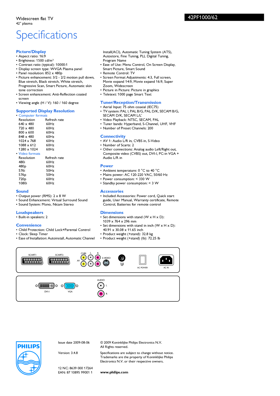 Philips 42PF1000 manual Specifications 