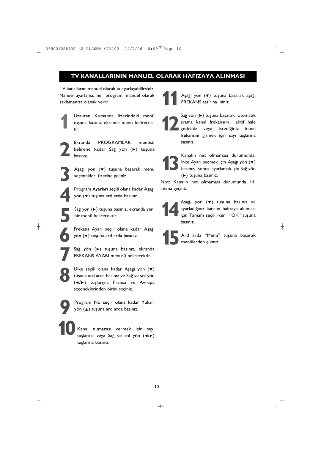 Philips 42PF1000/62 user manual TV Kanallarinin Manuel Olarak Hafizaya Alinmasi 