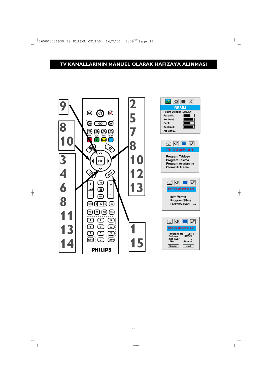 Philips 42PF1000/62 user manual ‹sim Verme Program Silme Frekans Ayar› 