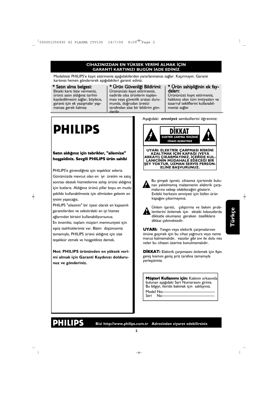 Philips 42PF1000/62 user manual Sat›n alma belgesi 