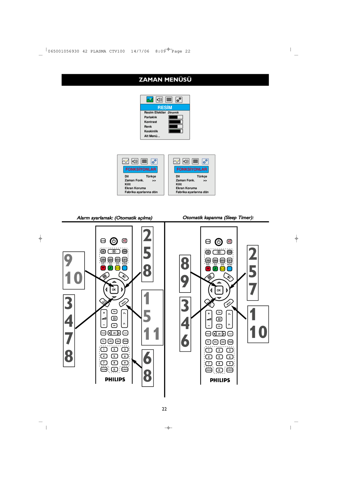 Philips 42PF1000/62 user manual Alarm ayarlamak Otomatik aç›lma Otomatik kapanma Sleep Timer 