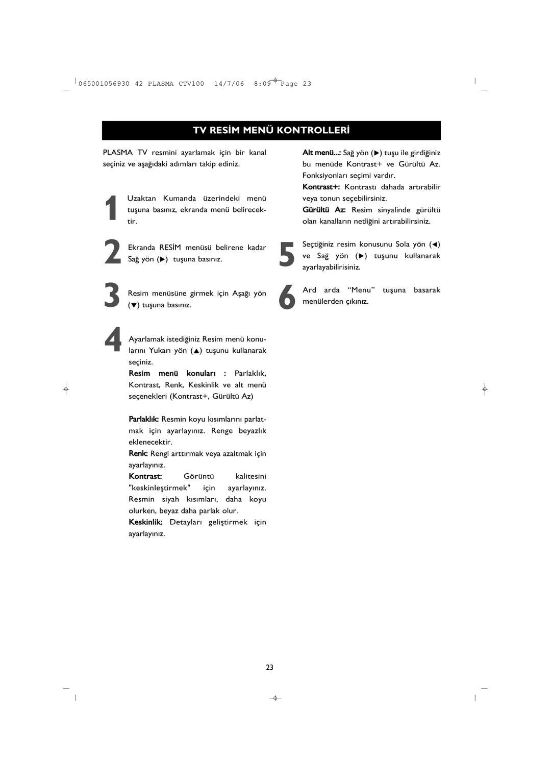 Philips 42PF1000/62 user manual TV RES‹M Menü KONTROLLER‹ 