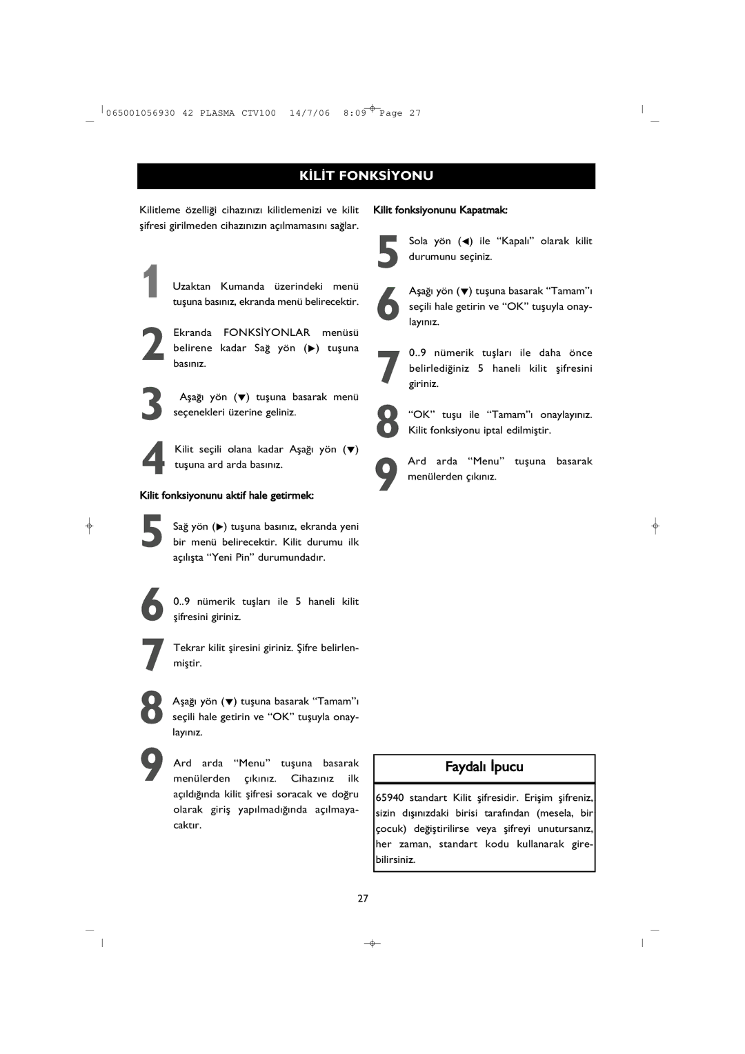 Philips 42PF1000/62 user manual ‹L‹T Fonks‹Yonu 