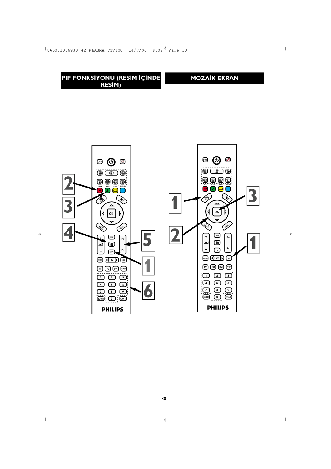 Philips 42PF1000/62 user manual PIP FONKS‹YONU RES‹M ‹Ç‹NDE MOZA‹K Ekran, Res‹M 