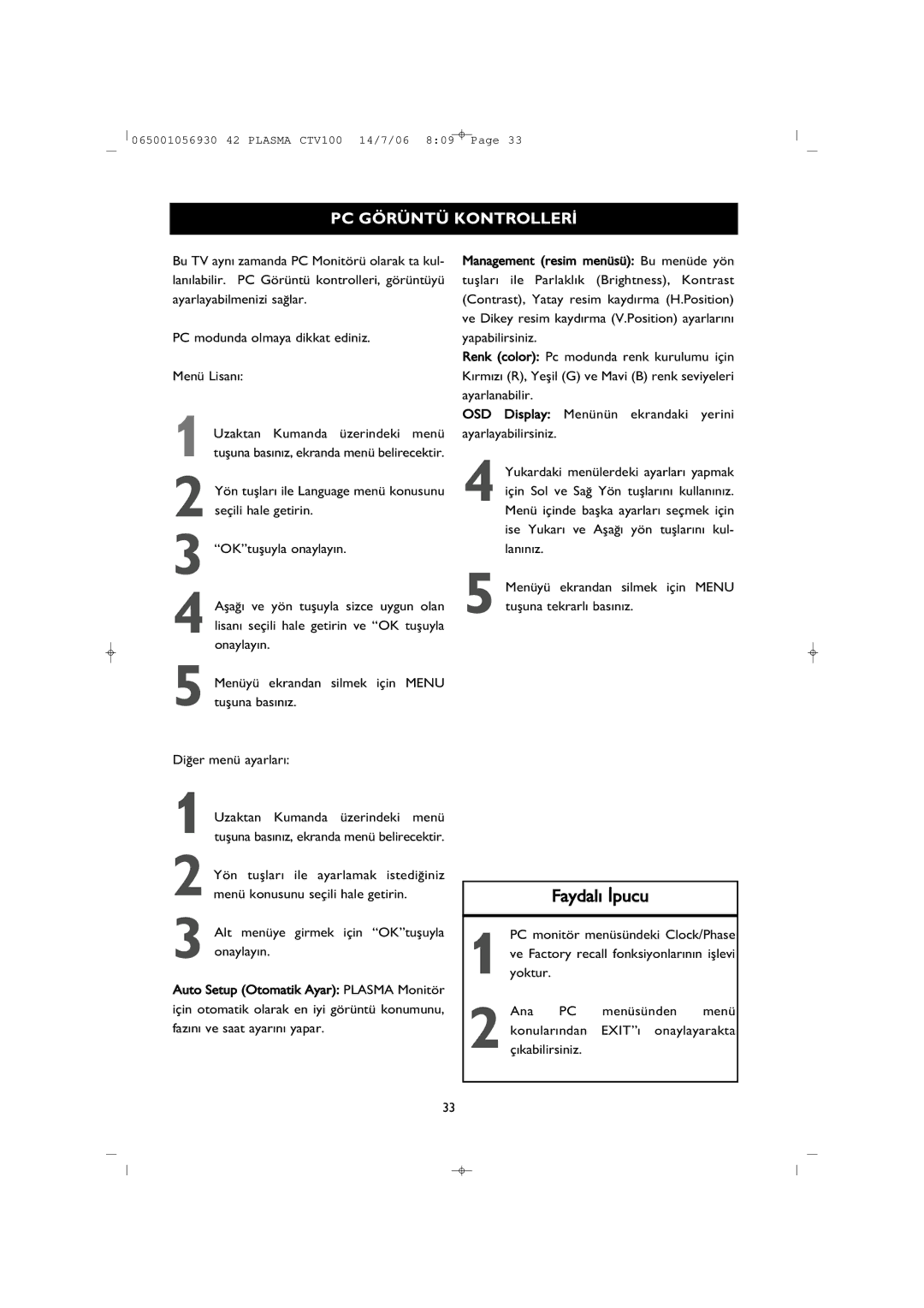 Philips 42PF1000/62 user manual PC Görüntü KONTROLLER‹ 