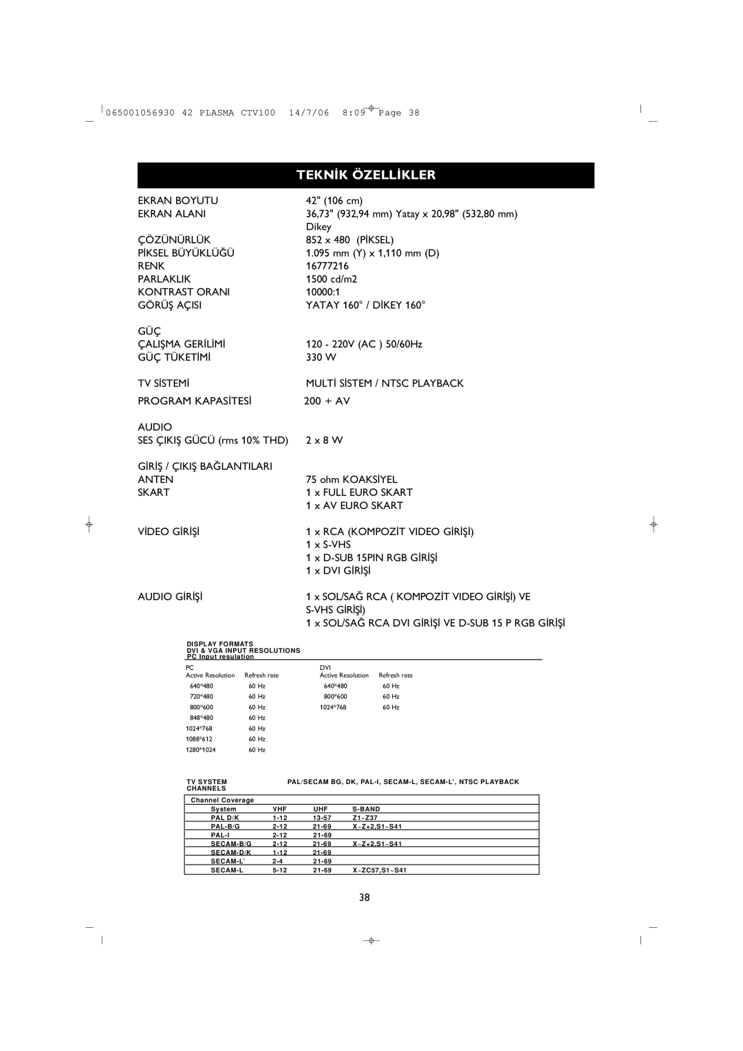 Philips 42PF1000/62 user manual Tekn‹K Özell‹Kler, Skart 