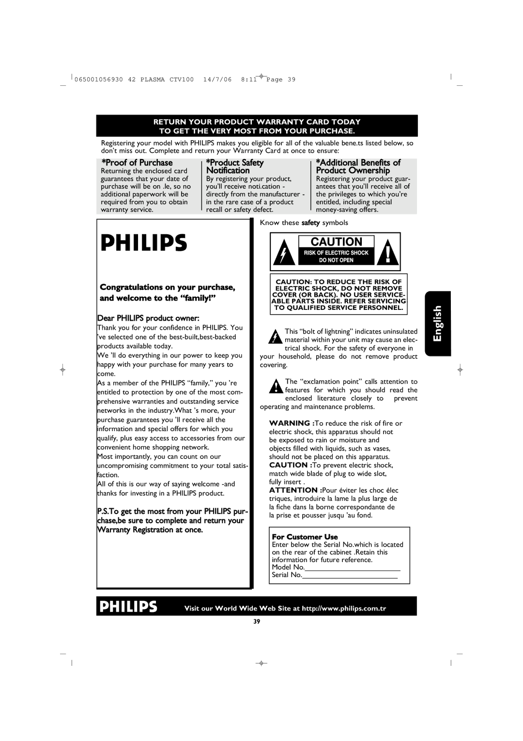 Philips 42PF1000/62 user manual English 