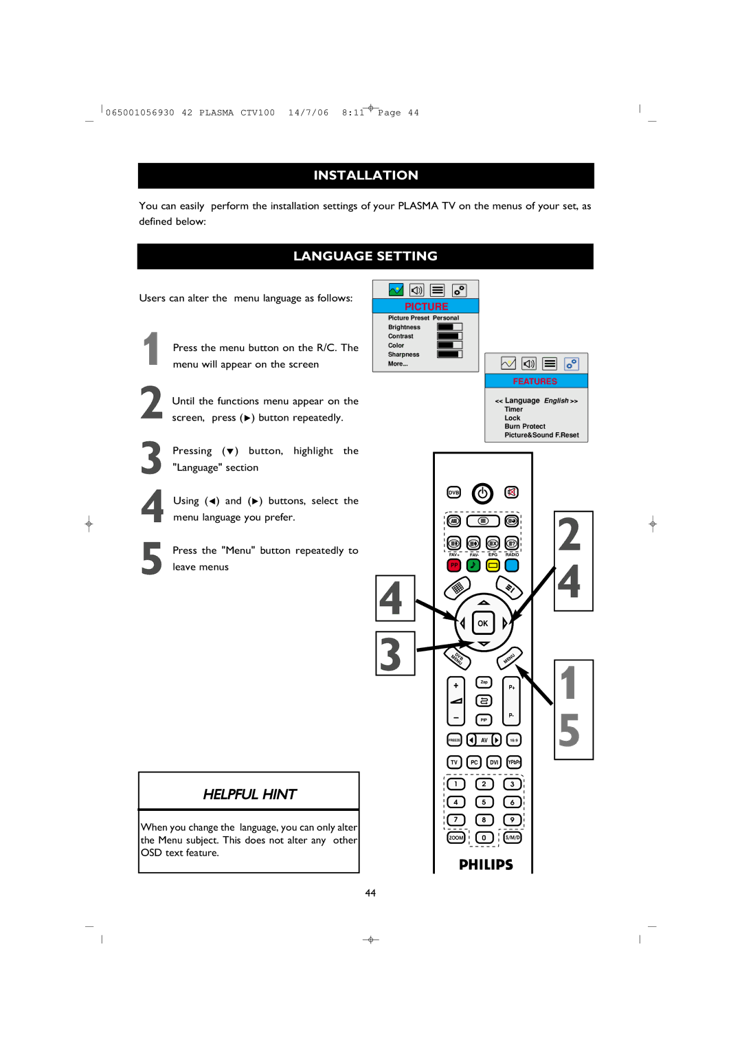 Philips 42PF1000/62 user manual Installation, Language Setting 