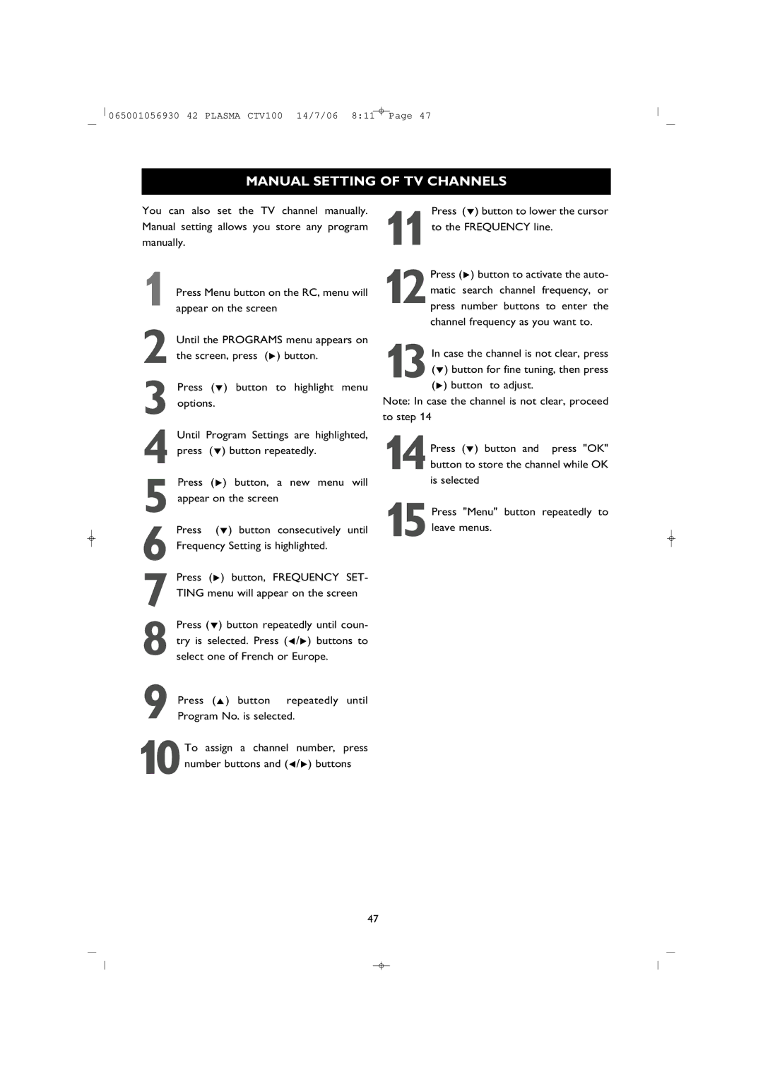 Philips 42PF1000/62 user manual Manual Setting of TV Channels 