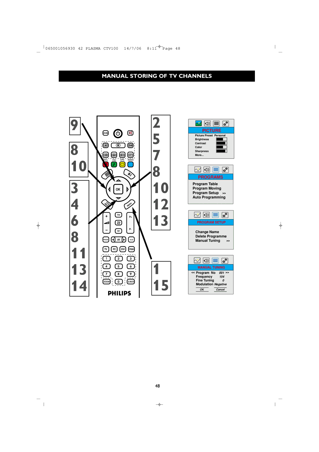 Philips 42PF1000/62 user manual Manual Storing of TV Channels 