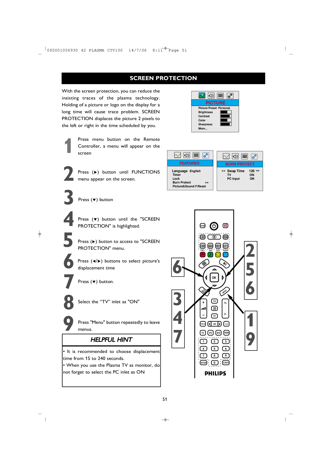 Philips 42PF1000/62 user manual Screen Protection, Features Burn Protect 