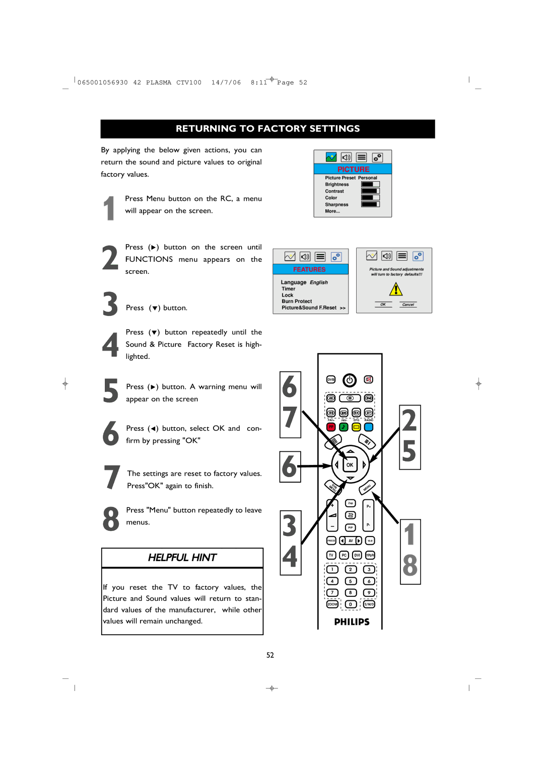 Philips 42PF1000/62 user manual Returning to Factory Settings, Language English 