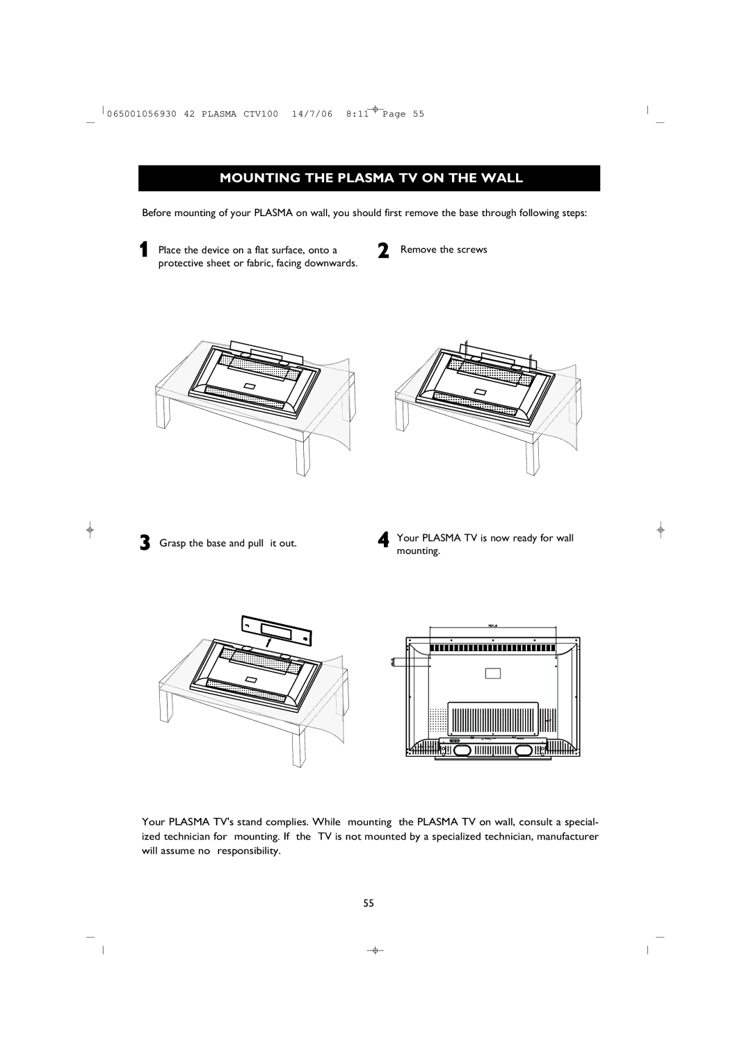 Philips 42PF1000/62 user manual Mounting the Plasma TV on the Wall 